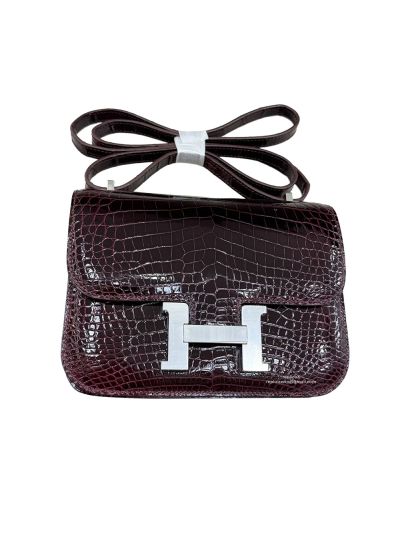 Hermes Mini Constance Shiny Alligator Niloticus Crocodile Flap Shoulder Crossbody Bag Burgundy 19CM 525216