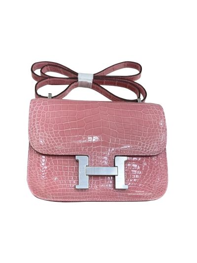 Hermes Mini Constance Shiny Alligator Niloticus Crocodile Flap Shoulder Crossbody Bag Pink 19CM 525214