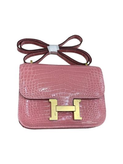 Hermes Mini Constance Shiny Alligator Niloticus Crocodile Flap Shoulder Crossbody Bag Pink 19CM 525215