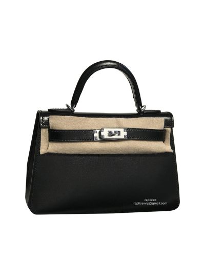 Hermes Mini Kelly 19 So Black Shiny Box Calf Top Handle Bag 523266