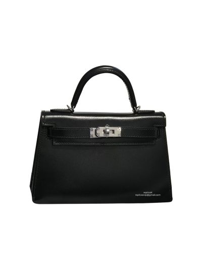 Hermes Mini Kelly 19 So Black Shiny Box Calf Top Handle Bag 525033