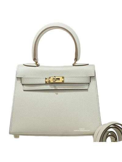 Hermes Mini Kelly 20CM Top Handle Bag White Sellier Gris Asphalte Epsom 523152