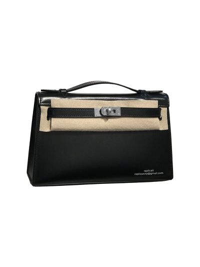 Hermes Mini Kelly 22 So Black Shiny Box Calf Clutch Bag 523285