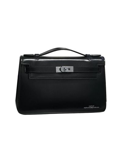 Hermes Mini Kelly 22 So Black Shiny Box Calf Clutch Bag 525034