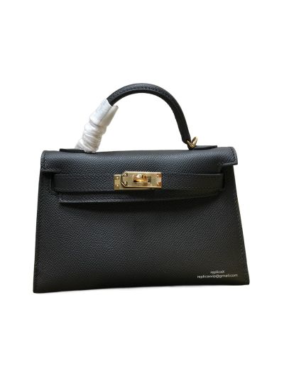 Hermes Mini Kelly Black Epsom Leather Top Handle Bag 19x13x5CM 523281