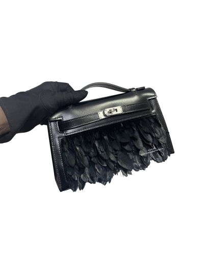 Hermes Mini Kelly Black Leather and Feathered Bag 22CM 523290