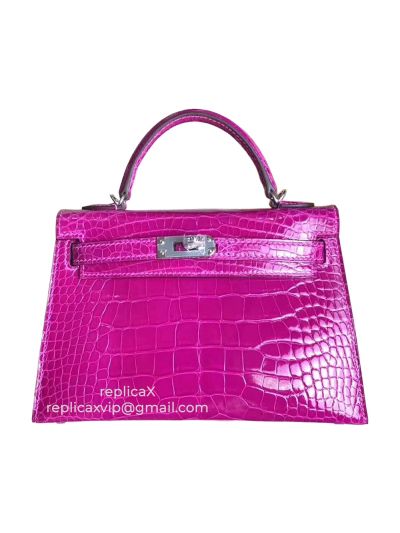 Hermes Mini Kelly Hand Stitched Shiny Alligator Crocodile Leather Top Handle Bag 19CM 521672