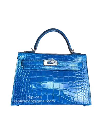 Hermes Mini Kelly Hand Stitched Shiny Alligator Crocodile Leather Top Handle Bag 19CM 521673