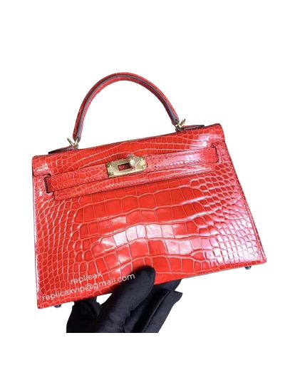 Hermes Mini Kelly Hand Stitched Shiny Alligator Crocodile Leather Top Handle Bag 19CM 521674