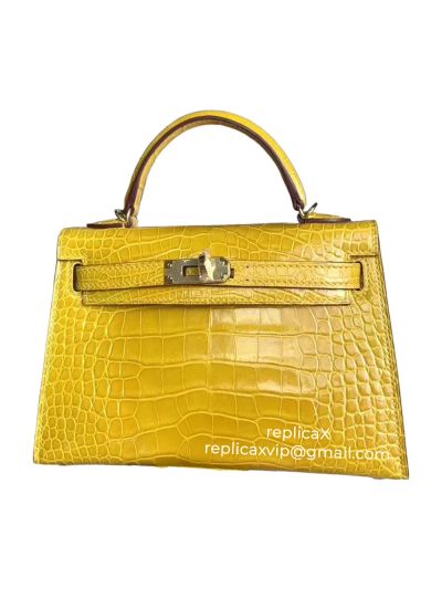 Hermes Mini Kelly Hand Stitched Shiny Alligator Crocodile Leather Top Handle Bag 19CM 521677