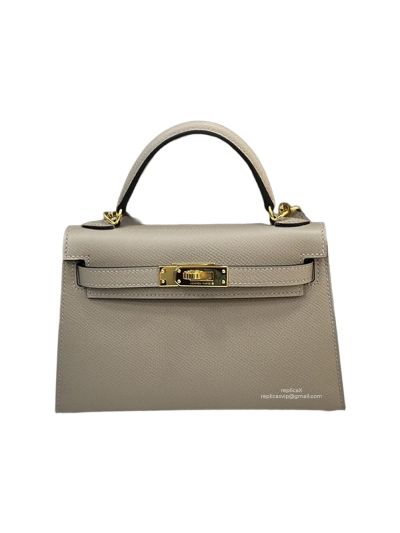 Hermes Mini Kelly Light Gray Epsom Leather Top Handle Shoulder Bag 19x12x5CM 523187