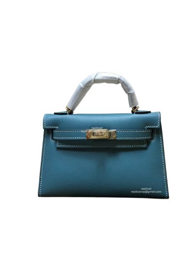 Hermes Mini Kelly Marina Blue Epsom Leather Top Handle Bag 19x13x5CM 523191