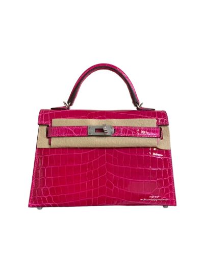 Hermes Mini Kelly Original Shiny Crocodile Leather Bag Fuchsia Pink 523207