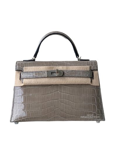 Hermes Mini Kelly Original Shiny Crocodile Leather Bag Gray 523206