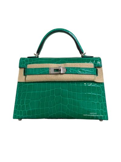 Hermes Mini Kelly Original Shiny Crocodile Leather Bag Green 523204