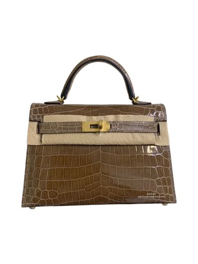  Hermes Mini Kelly Original Shiny Crocodile Leather Bag Khaki 523203