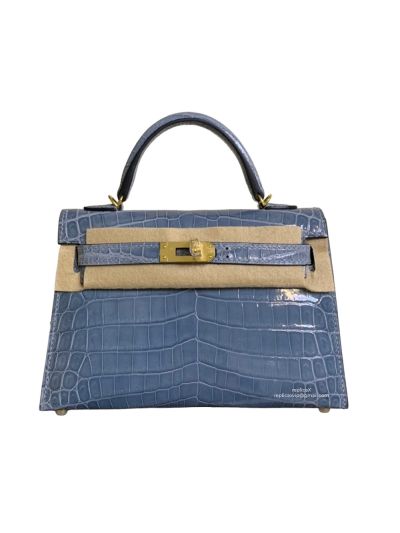 Hermes Mini Kelly Original Shiny Crocodile Leather Bag Light Blue 523202