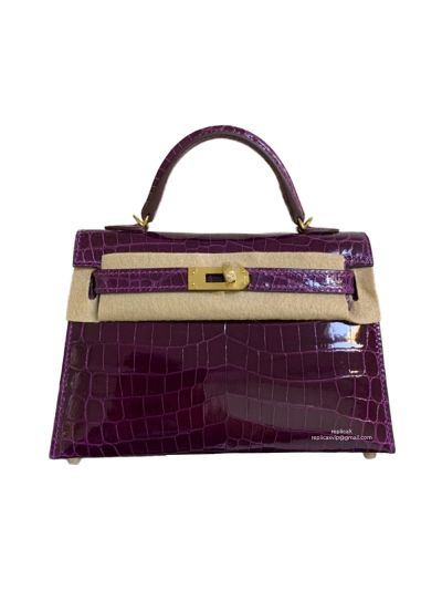 Hermes Mini Kelly Original Shiny Crocodile Leather Bag Purple 523201