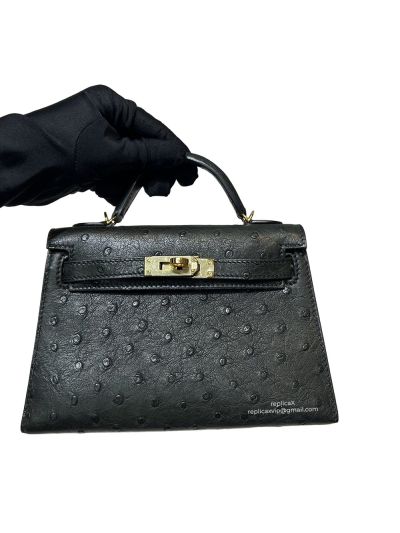 Hermes Mini Kelly Ostrich Leather Bag Black 523211