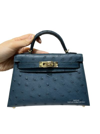Hermes Mini Kelly Ostrich Leather Bag Bluish Green 523209