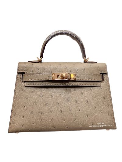 Hermes Mini Kelly Ostrich Leather Bag Gray 523215