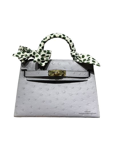 Hermes Mini Kelly Ostrich Leather Bag Gray 523217