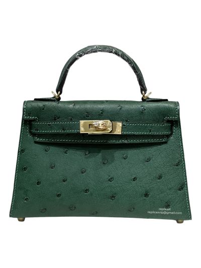 Hermes Mini Kelly Ostrich Leather Bag Green 523214