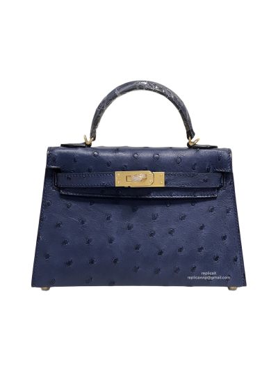 Hermes Mini Kelly Ostrich Leather Bag Navy Blue 523213