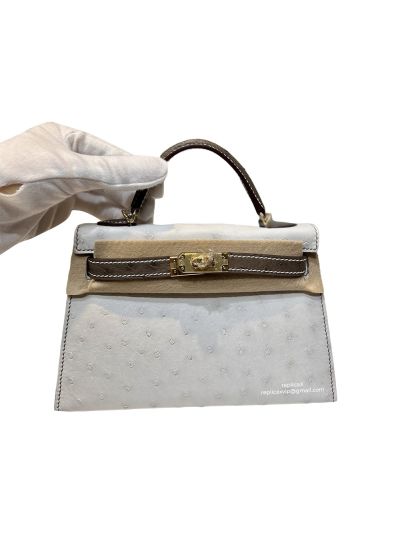 Hermes Mini Kelly Ostrich Leather Bag White Gray 523220