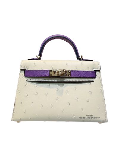 Hermes Mini Kelly Ostrich Leather Bag White Purple 523218