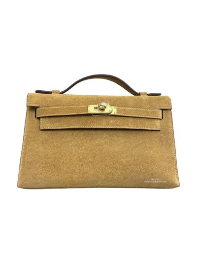 Hermes Mini Kelly Pochette Grizzly Suede Leather Tote Bag Beige 22CM 524714