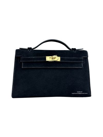 Hermes Mini Kelly Pochette Grizzly Suede Leather Tote Bag Black 22CM 523227