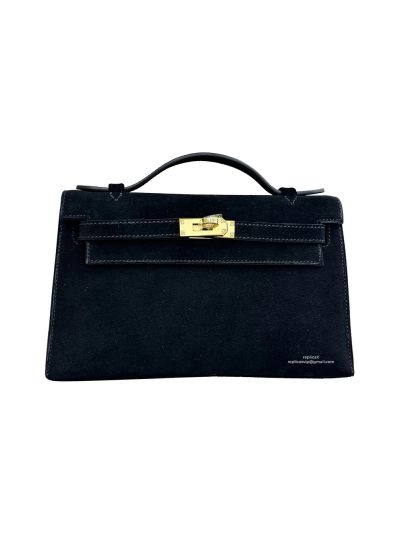 Hermes Mini Kelly Pochette Grizzly Suede Leather Tote Bag Black 22CM 524713