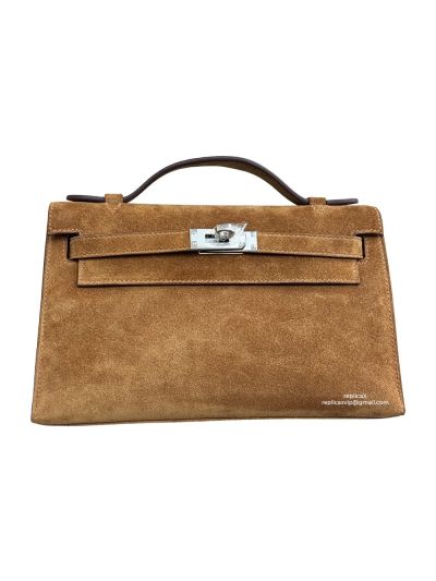 Hermes Mini Kelly Pochette Grizzly Suede Leather Tote Bag Brown 22CM 523225