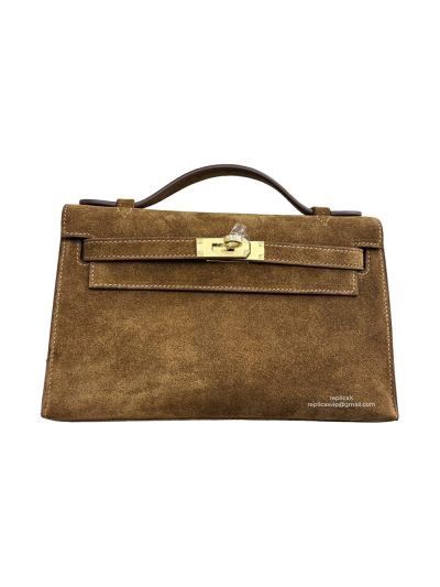 Hermes Mini Kelly Pochette Grizzly Suede Leather Tote Bag Brown 22CM 523226