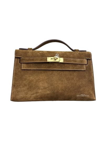 Hermes Mini Kelly Pochette Grizzly Suede Leather Tote Bag Brown 22CM 524711
