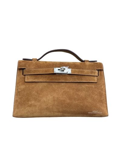 Hermes Mini Kelly Pochette Grizzly Suede Leather Tote Bag Brown 22CM 524712