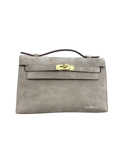 Hermes Mini Kelly Pochette Grizzly Suede Leather Tote Bag Gray 22CM 524710