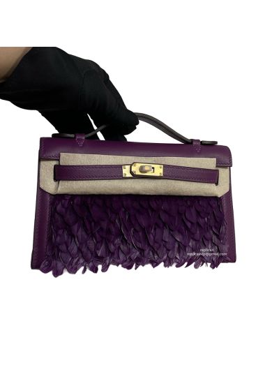 Hermes Mini Kelly Purple Leather and Feathered Bag 22CM 523233
