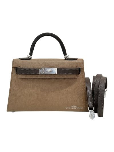 Hermes Mini Kelly Sellier Top Handle Epsom Leather Bag Beige Gray 19CM 523112