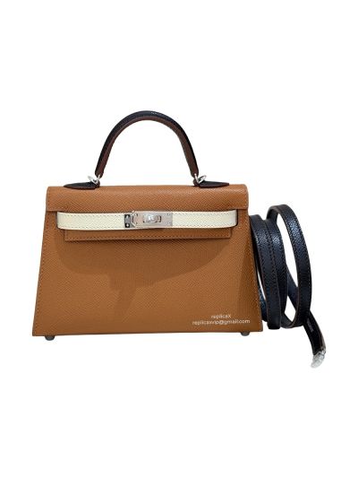 Hermes Mini Kelly Sellier Top Handle Epsom Leather Bag Brown White 19CM 524896