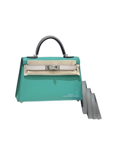 Hermes Mini Kelly Sellier Top Handle Epsom Leather Bag Green Gray 19CM 523109