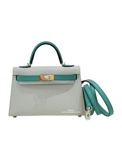 Hermes Mini Kelly Sellier Top Handle Epsom Leather Bag Light Gray Blue 19CM 523108