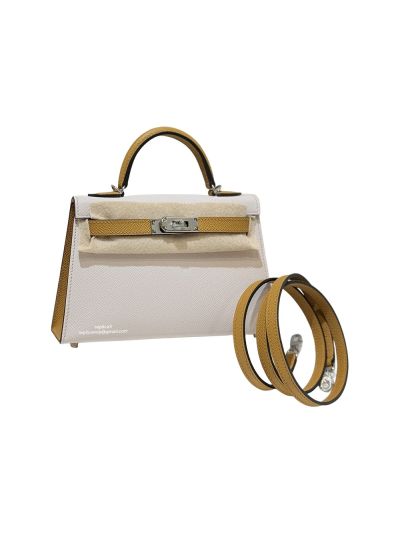 Hermes Mini Kelly Sellier Top Handle Epsom Leather Bag White Beige 19CM 523115