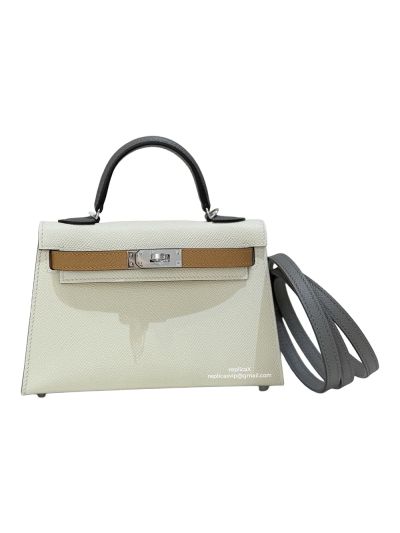 Hermes Mini Kelly Sellier Top Handle Epsom Leather Bag White Beige 19CM 524897