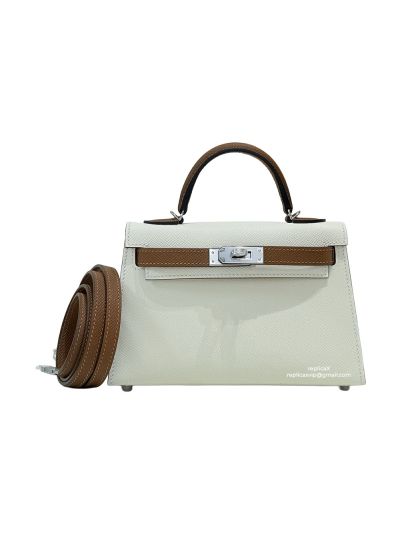 Hermes Mini Kelly Sellier Top Handle Epsom Leather Bag White Brown 19CM 523114