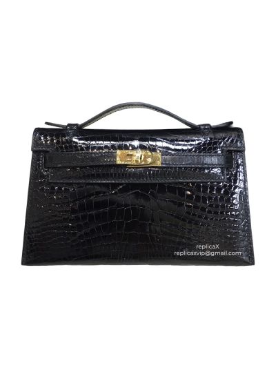 Hermes Mini Kelly Shinny Crocodile Leather Clutch Bag 522177
