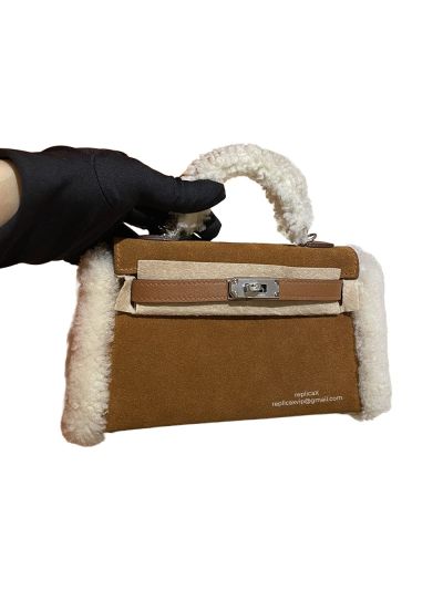 Hermes Mini Kelly Teddy Shearling Suede Top Handle Bag Brown 19CM 523121