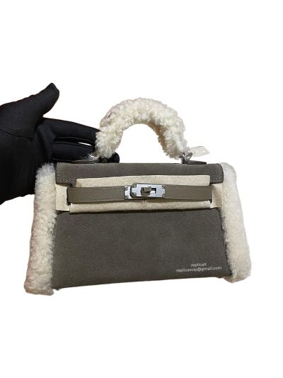 Hermes Mini Kelly Teddy Shearling Suede Top Handle Bag Grey 19CM 523120