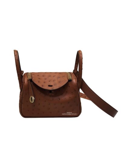 Hermes Mini Lindy Ostrich Leather Top Handle Shoulder Bag Brown 19x12x9CM 523200